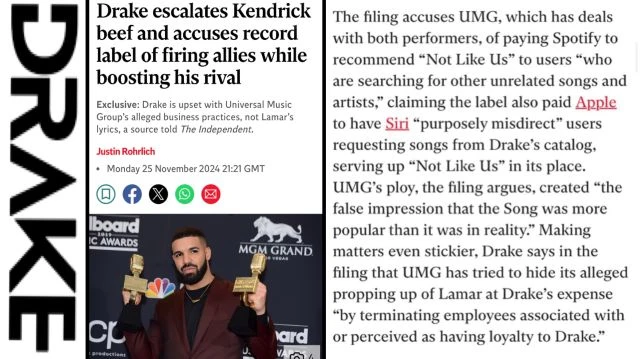 “Drake has initiated legal action against Universal Music Group and Spotify over allegations that the two companies conspired to artificially inflate the popularity of Kendrick Lamar’...